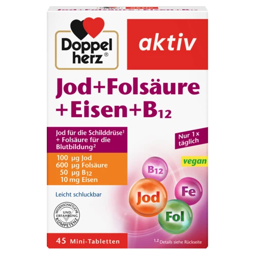 Abbildung der Produktverpackung Doppelherz aktiv Jod + Folsäure + Eisen + B12 Frontansicht